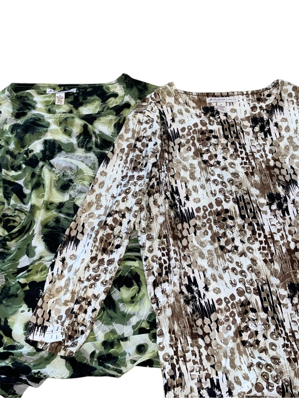 JM Collection Mixed-Print Long Sleeve Tops in Green & Brown